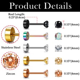 Aroncent 5 Pairs Unisex Stud Earrings Set Classic Stainless Steel Cubic Zirconia Round Circle Earrings Ear Piercing Gift for Men Women Gold Silver Rose Gold Black Colourful, 3/4/5/6/7 mm, 4 mm,