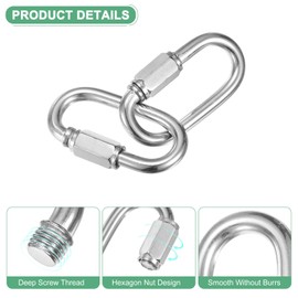 M METERXITY 6-Pack Quick Chain Link Connector, M6 1/4 304 Stainless Steel D-Shape Locking Repair Chain Links for Swing/Camping/Hiking/Backpack, Twist Key Ring Screw Chain Link [Silver]