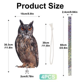 Owl to Keep Birds Way, 4 Pieces Reflective Bird Deterrent Devices, Reflective Owl Hanging Decoration, Dual Sided Printed Grid Fake Eagle for Garden, Patio, Window, Farm