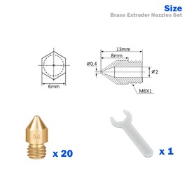 Lokkr 3D Printer Brass Extruder Nozzles Set, 20PCS Brass MK8 Nozzles (0.2MMx2 0.3MMx2 0.4MMx8 0.5MMx2 0.6MMx2 0.8MMx2 1MMx2) with Wrench for Makerbot, E3D, Creality CR-10/Ender 3/3 V2/3 S1/5, Prusa i3