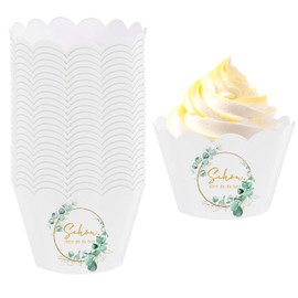 Pack of 60 paper muffin cases, Schön, Dass Du Da Bist cupcake wrappers, eucalyptus wreath muffin baking cups, cupcake moulds for Hcohzeit baby shower birthday party decoration