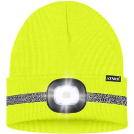 ATNKE LED Lighted Beanie Hat,USB Rechargeable 4 LED Run Headlamp with Reflective Stripe Cap Light Gift for Men and Women/#Fluorescent Yellow
