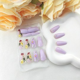 Coffin Press on Nails Medium False Nails Glossy Glue on Nails with 5D Flower Rhinestones Design Floral Coffin Nails Press ons Purple Full Cover Fake Nails Cute Stick on Nails for Women 24Pcs
