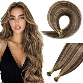 Sunny Hair Nano Beads Hair Extensions Invisible Nano Hair Extensions Human Hair Straight Nano Tip Hair Nano Ring Hair Extensions 50G/50S Medium Brown Highlighted Strawberry Blonde 24inch