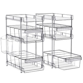 WAKISA Clear Bathroom Organizers 2 Sets 3 Tier, Pull Out Organizer and Storage with 2 Cups, Slide Out Drawer Storage Container with 6 Dividers, Multi-Purpose Bathroom Organizer, Kitchen Under Sink Organizer