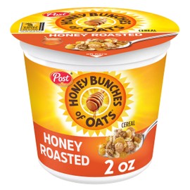 Post Honey Bunches of Oats Honey Roasted Breakfast Cereal, Honey Oats Cereal with Granola Clusters, Small Cereal Cup Size for Easy On-The-Go Breakfast, 2 OZ Cereal Cup