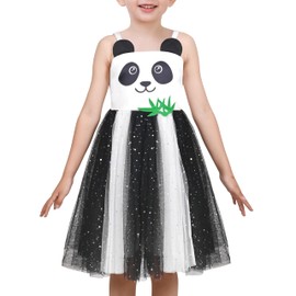Girls Dress Panda Bamboo Animal White Black Tulle Sequin Strap Sundress Size 5