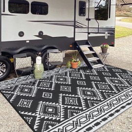 GAOMON 8' x 10' Reversible Mats, Plastic Straw Rug, Modern Area Rug, Large Floor Mat for Outdoors, RV, Patio, Backyard, Deck, Picnic, Beach, Trailer, Camping, Porch, Balcony, Bohemia Black & White