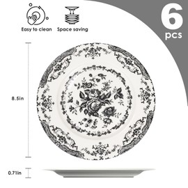 HomeElves Salad Plates, 8.5 Inch Ceramic Plates Set of 6, Kitchen Plate Microwave Safe, White Porcelain Dessert Plate Porcelain Serving Dishes, Black