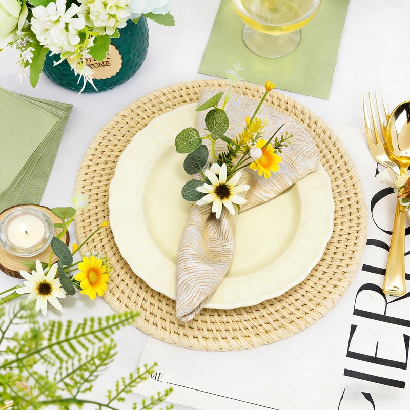 ReignSword 12 Pack Daisy Rustic Napkin Rings, Eucalyptus Leaves Flower