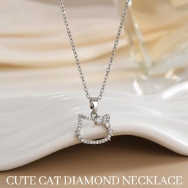 EAVUYIS Diamond Cat Necklace Sterling Silver Cute Cubic Zirconia Bow Kitten Pendant Necklace Funny Cartoon Animal Cat Necklace Chain Jewellery Gifts for Women Teenage Girls