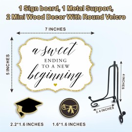 Gold Grad Party Wooden Table Sign - A Sweet Ending To A New Beginning - 5"X7" Buffet Sign, Treat Sign With Metal Support & 2 DIY Wood Decor With Velcro, Grad Party Decorations & Supplies - B04