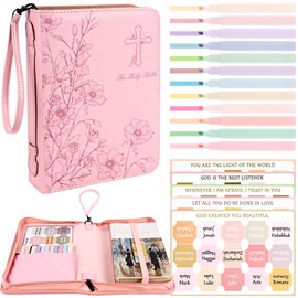 Bible Cover Case for Women Pink Leather Floral Bible Storage Bag with Highlighters Tabs for Girls Bible Study Supplies Accessories Christian Gifts
