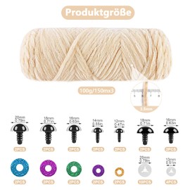 Mngevcy 3 x 150m Chenille Wool for Crochet, Fluffy Wool, Soft Chenille Yarn with Safety Eyes for Knitting (Cream)