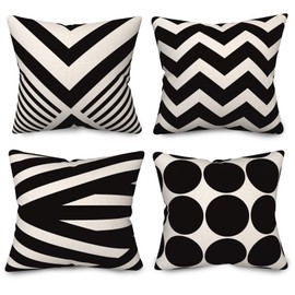Vie Savaran 4 Pcs/Set Geometric Pillow Covers Black Winding Strips Circle Minimalist Geometry Retro Line Linen Throw Pillow Covers for Sofa Bedroom Outdoor Decorative, 26"x26", Black White