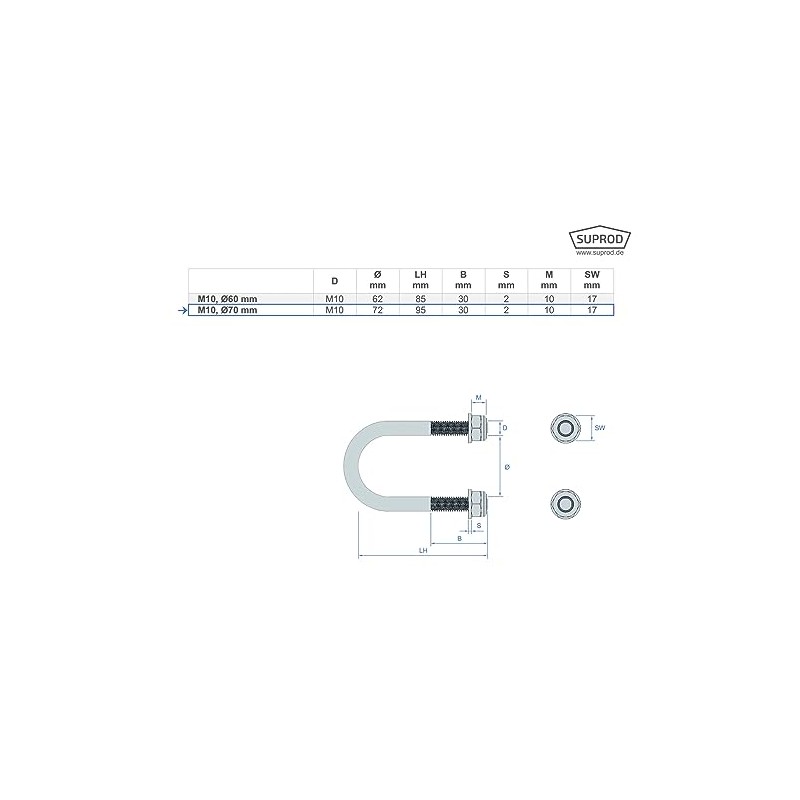 U-Bolt M10 with Stop Nuts Round Tube Trailer Galvanised M10,