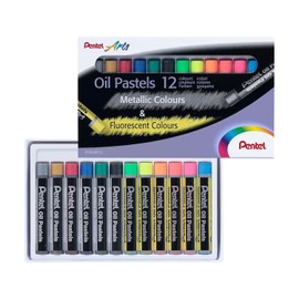 Pentel Arts Pasteles de Aceite/Gises Pastel, Colores Metálicos y Fluorescentes, Estuche con 12 Piezas, PHN-MF12