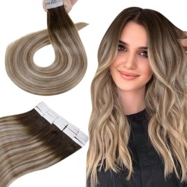 Hetto Balayage Tape in Hair Extensions Human Hair 24 Inch Brown to Blonde Tape in Extensions Real Human Hair Invisible Tape on Extensions 3/8/22 20pcs 50g