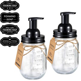 Amolliar Mason Jar Foaming Soap Dispenser-Rustproof Stainless Steel Lid/BPA Free Pump,with Labels-Rustic Farmhouse Decor Hand Soap Dispenser for Bathroom Vanities,Kitchen Sink,Countertops,Black,2-Pack