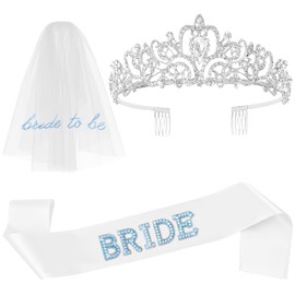 PANTIDE Blue Bachelorette Party Decorations - Bride To Be Bridal Shower Party Supplies White Veil Rhinestone Tiara Sash with Blue Pearl, Bachelorette Accessories Photo Booth Props Gift