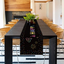 Girlly Happy Birthday Table Runner 13x72 Inch Balloons Firework Anniversary Stars Holiday Kitchen Dining Table Decoration for Indoor Kitchen Dining Home Party Decor Black
