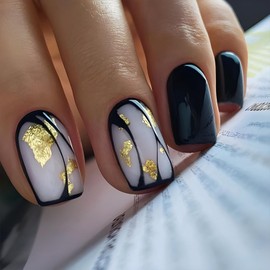 Press on Nails Short Square Fake Nails with Black Glossy and Gold Foil Designs Stick on Nails for Women 24 Pcs (Black-03, Short-03)
