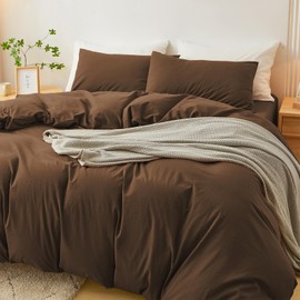 XINMIANFANG 100% Washed Cotton 3 Pieces Duvet Cover Set Linen Touch Natural Wrinkle Comfortable Breathable Durable (Full, Cocoa Brown)