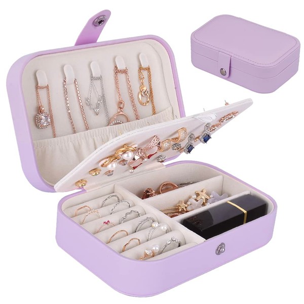 jiemei Jewelry Box, Travel Jewelry Organizer Cases with Doubel Layer for Women’s Necklace Earrings Rings and Travel Accessories (Purple)