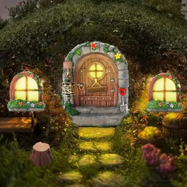 Exasinine 6 Pcs Fairy Door and Windows for Trees Glow in The Dark Fairy Doors Miniature Fairy Garden Accessories for Wall Tree Fairy Garden Outdoor Decor with Tree Stump, 2 Fairy Lanterns