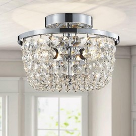WUZUPS Crystal Chandelier Semi-Flushmount Ceiling Light Modern Lighting Fixture for Bedroom Hallway Bar Kitchen Bathroom, H 7.6" x W 9.8", Chrome, E12 Base