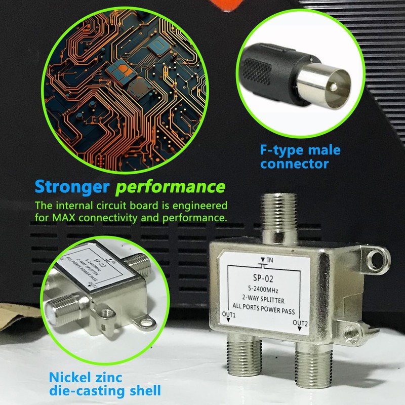Coaxial Cable Splitter 2 Way, Coax Splitter Support 5-2400MHz, Digital