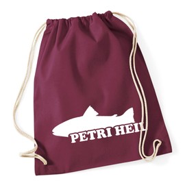 Huuraa Turnbeutel Petri Heil Fischergruß Sporttasche Baumwolle 12 Liter Burgundy mit Motiv für Angler Geschenk Idee für Freunde und Familie