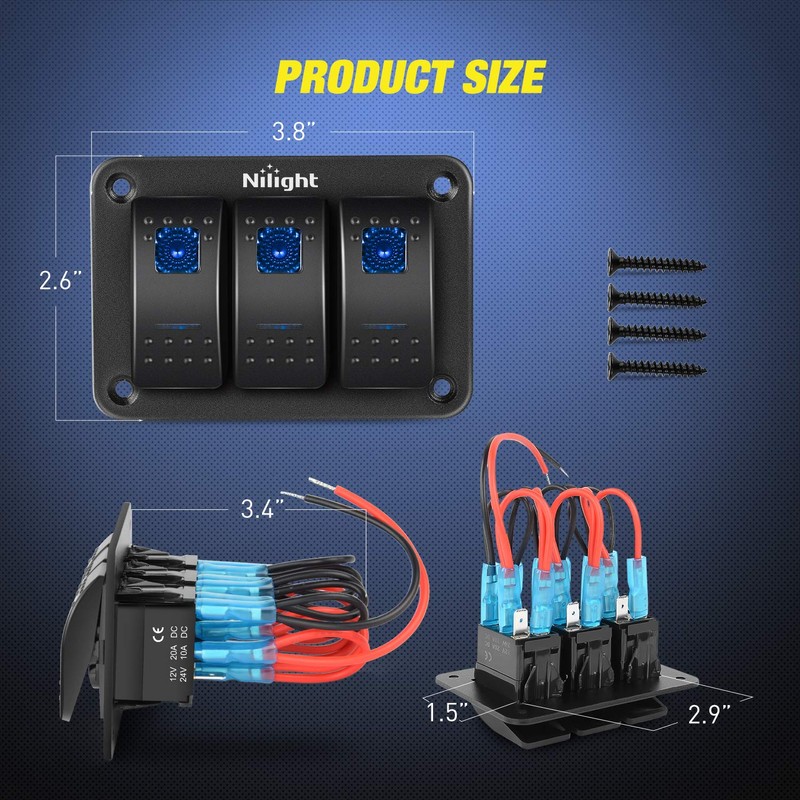 Nilight 90017C 3 Gang Aluminum Panel Toggle Dash 5 Pin