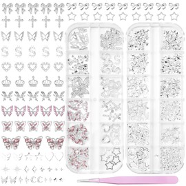 3D Silver Butterfly Bow Nails Charm Gems Y2K, Pink Butterfly Nail Gems and Charms, Cross Crown Dollars Nail Charms, Star Moon Nail Art Studs for Nail Art Supplies DIY Accessories
