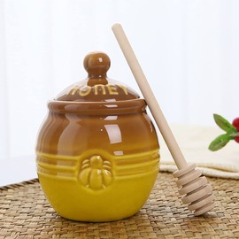 Kosmeey Ceramic Honey Jar with Wooden Honey Dipper-Honey Pot with Dipper- Honey Jar with Stand, Great Bee Decor- Farmhouse Kitchen Decor (Honey Jar-Brown)