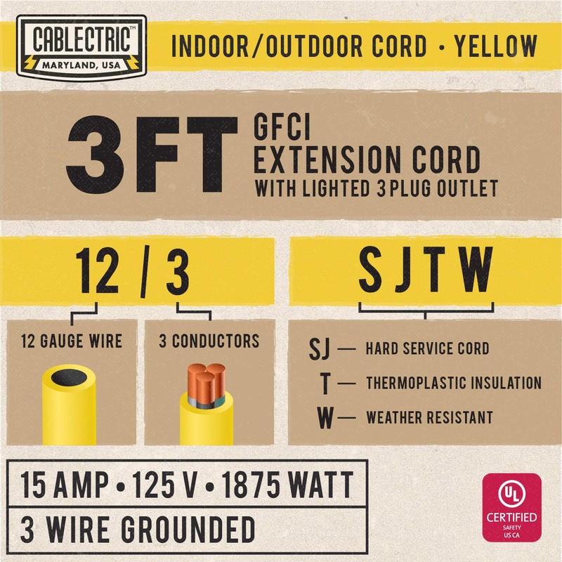 Cablectric Cable de extensión GFCI para exteriores de 3 pies