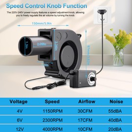 Centrifugal Fan 12 V, 220 V Adjustable Cooling Fan, 97 mm Fan with Controller & Tube for Ventilation Fan Change BBQ Inflatable Fireplace (97 x 33 mm)