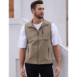 Gihuo Men's Fishing Vest Utility Vest Casual Outdoor Quick Dry Safari Travel Golf Vest Work Vest (Khaki 02, Large)