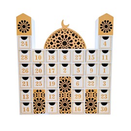 Ramadan Advent Calendar For Kids Wooden Ramadan Advent Calendar,Light Up Minaret 30 Days Countdown Calendar with Islamic Design, White and Gold Mosque. AAA Batteries Not Included