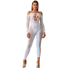 Bommi Fairy Women's Sexy Rave Outfits Long Sleeve Fishnet with Light Artificial Pearls Tight One-Piece One Size, White