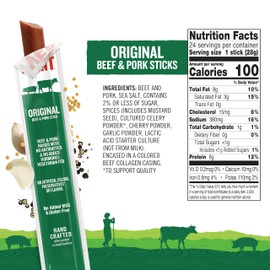 Snack Sticks by Vermont Smoke & Cure – Original Flavor – Beef & Pork – Healthy Meat Protein – 1oz Jerky Stick – 24 count carton