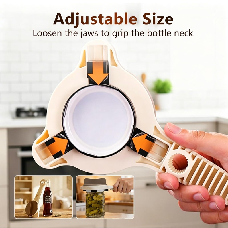 Adjustable Jar Opener with 3-Claw Grip and Bottle Opener