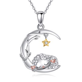 DAYLINLOVE Sheep Moon Necklace S925 Sterling Silver Sheep Pendant Necklaces Sleeping Sheep Jewellery Gifts for Women Woman Mom, Sterling Silver, No Gemstone
