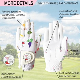 3 Pack Golf Gloves Women Right Handed Golfer Left Hand with Ball Marker Value Set, Ladies Breathable Soft All Weather Grip Printed Pattern Colored Glove (3 Pack Half Finger,Small, Worn On Left Hand)