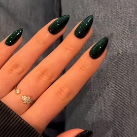 KQueenest Cat Eye Emerald Green Press on Nails Almond, 30 Pcs Glitter Fake Nails Medium, Sparkly Black Nails Press on, Shiny Acrylic Nails, Goth Bling Soft Gel Stick on Nails for Women Party Holiday