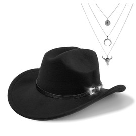 Western Cowboy Hat for Women Men Classic Fedora Felt Wide Brim Cowgirl Hat with Belt Buckle, Evil Eye Bull Head Necklace, Black With Buckle Belt, One Size