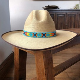 Mayan Arts Hat Band Cowboy Western Beaded Hatband Turquoise Orange Yellow, Aztec, Men Women Handmade 7/8 x 21.5 Inches (Turquoise and Yellow)