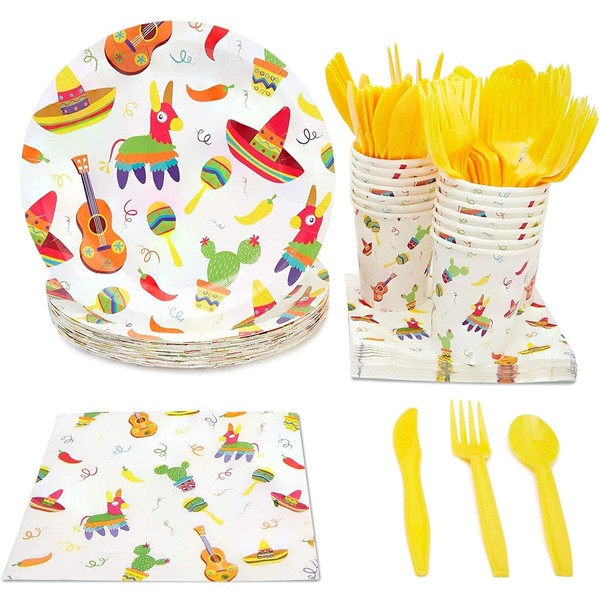 Fiesta Party Supplies, Paper Plates, Plastic Cutlery, Cups, and Napkins (Serves 24, 144 Pieces)
