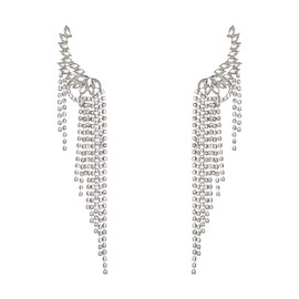 Flyonce Angel Wing Ear Climber Tassel Long Big Statement Earrings, Sparkly Rhinestone Cyrstal Cuff Crawler Pierced Chandelier Earrings Silver-Tone