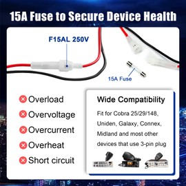 ZWEHKD CB Radio Power Cord 3 Pin 2-Wire CB Power Cords with 15A Fused Replacement Power Cord for Cobra Uniden Galaxy Mobile CB Radio (2 Pack)